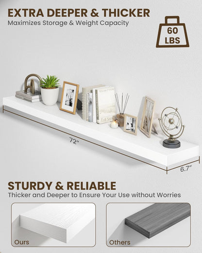 Marsmiles 72" Floating Shelves for Wall, Wooden Shelves with Invisible Brackets Set of 2, Rustic Farmhouse Wall Mounted Shelf for Kitchen Bathroom Living Room Study, White