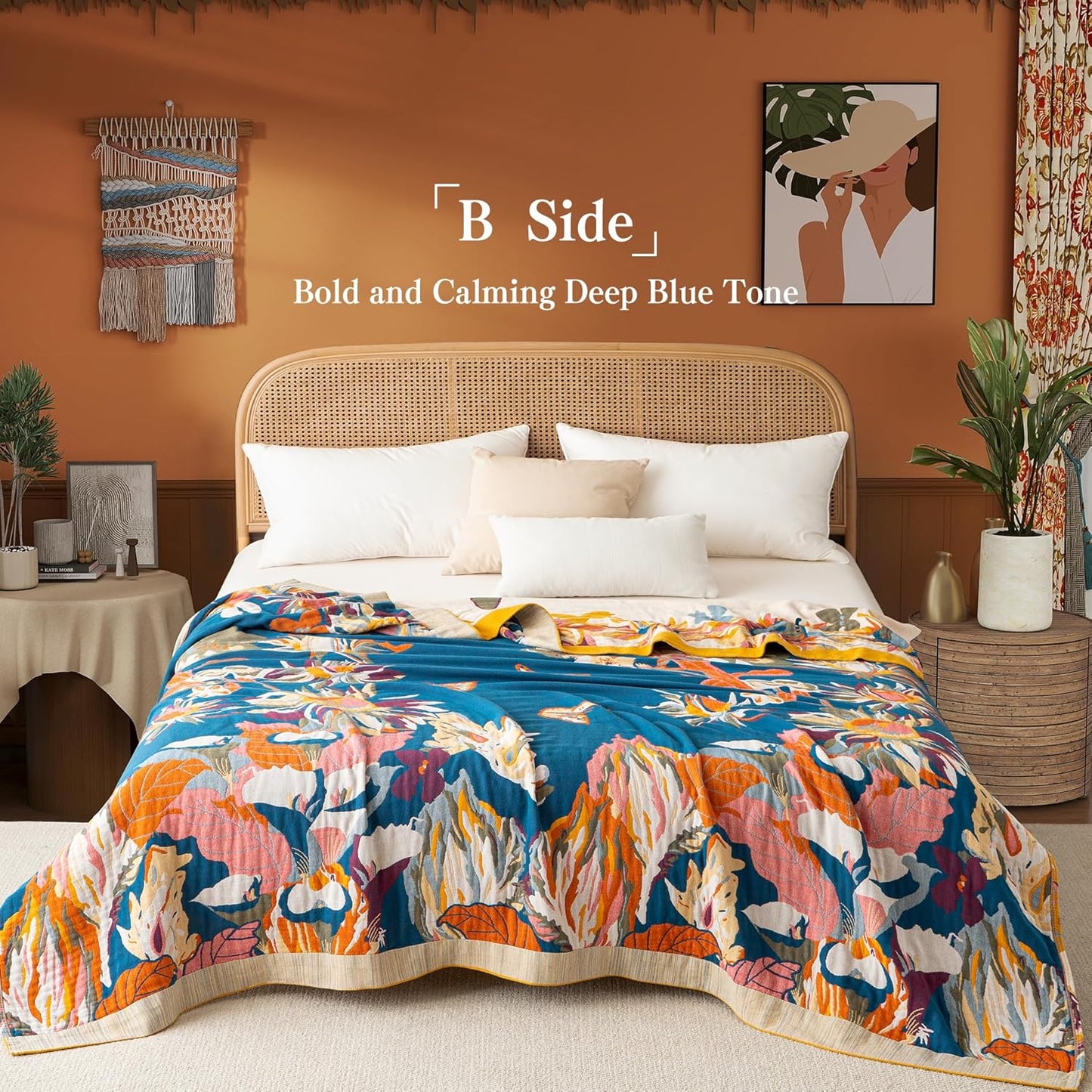 Boho Throw Blanket Queen Size, Oversized Soft Cozy Cotton Muslin Quilt Blanket for Bed Decor, Floral Patterned Couch Sofa Chair Cover, Vintage Farmhouse Cottage Woven Blanket, Yellow&Blue