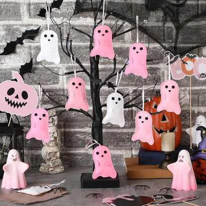 12 Pcs Pink Halloween Felt Ornaments Cute Ghost 3D Hanging Ornaments 3.15 Inch Pink White Halloween Tree Decorations for Small Tree Party Decor
