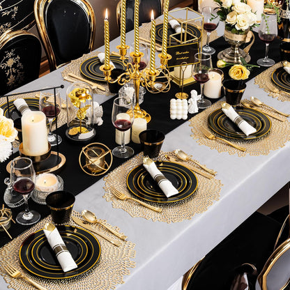 350 Pieces Black and Gold Plastic Plates with Disposable Silverware, Include 50 Dinner Plates 9”, 50 Dessert Plates 6.3”, 50 Black Cups 9 OZ, 50 Pre Rolled Napkins for Halloween new year