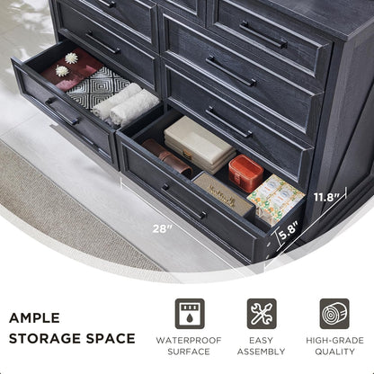 Farmhouse 6 Drawer Dresser for Bedroom, 52 Inch Wide Modern Dresser TV Stand with Large Drawers & Bar Handles, Rustic Wood Chest of Drawers for Bedroom, Living Room, Hallway, Black