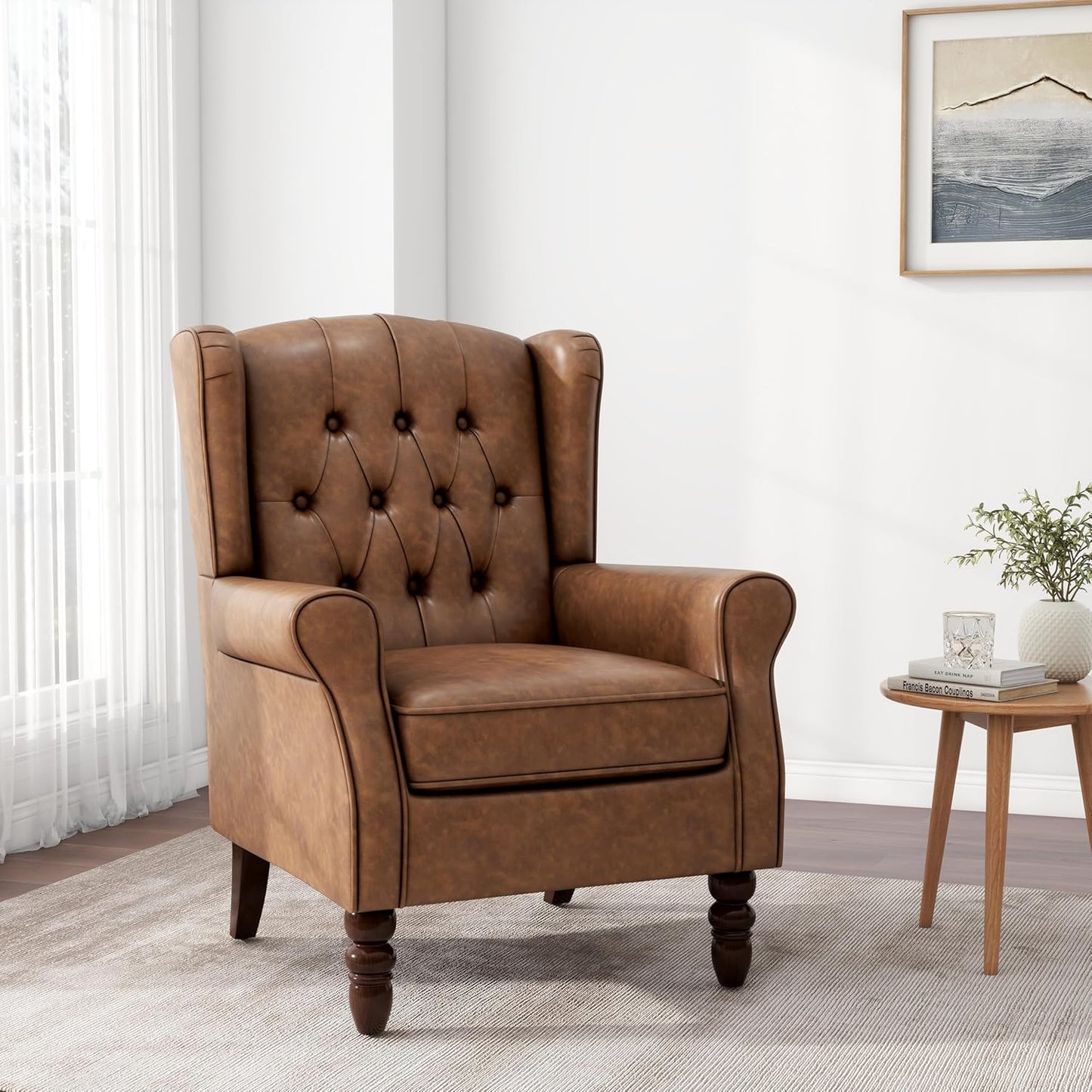 Accent Chair, Upholstered Armchair with Button Tufted High Back & Solid Wood Legs, Comfy Wingback Reading Single Sofa Chair for Small Spaces, Living Room, Bedroom (Leather Brown, Set of 2)