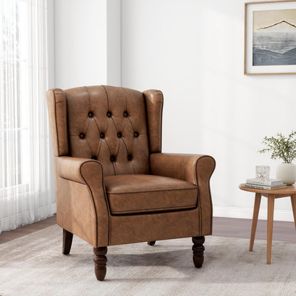 Accent Chair, Upholstered Armchair with Button Tufted High Back & Solid Wood Legs, Comfy Wingback Reading Single Sofa Chair for Small Spaces, Living Room, Bedroom (Leather Brown, Set of 2)