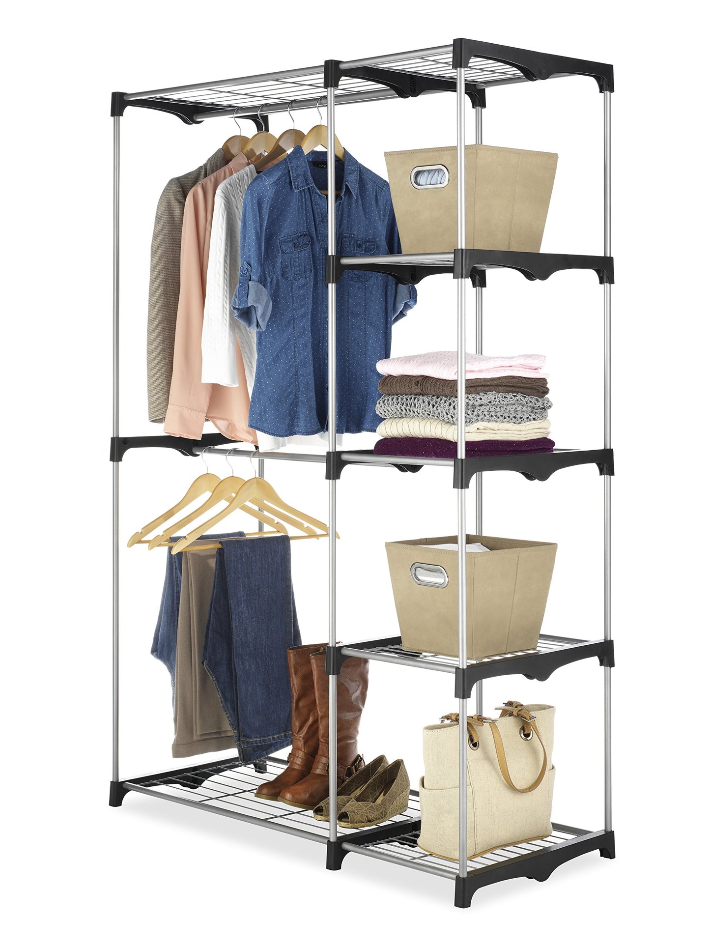 Whitmor Double Rod Freestanding Closet Organizer, Silver