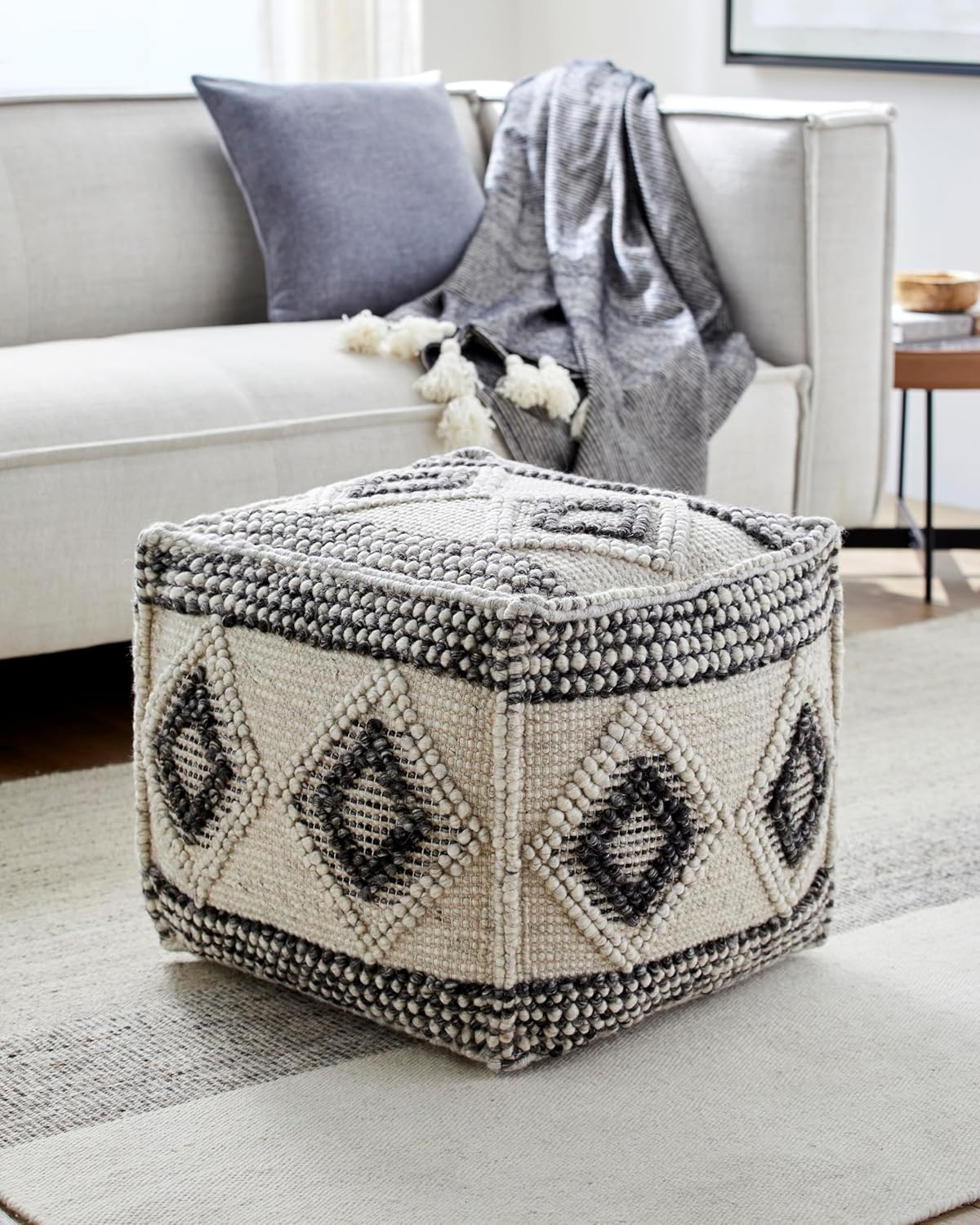 Mark&Day Pouf Ottoman, Langschlag Bohemian/Global Charcoal Cube Pouf Foot Rest for Living Room, Bedroom and Boho Home Decor (18"x18"x18")