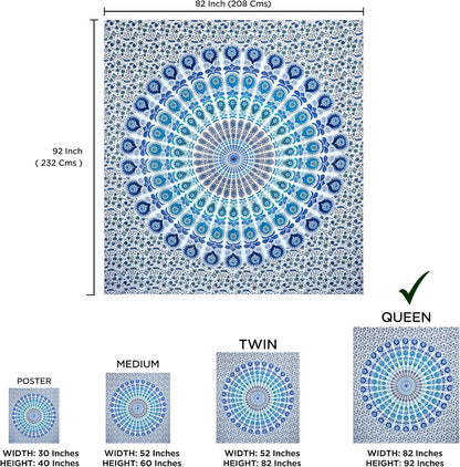 raajsee White Blue Tapestry- Best Mandala Wall Hanging- Bedding Tapestry For Bedroom Aesthetic-Size QUEEN 210 X 220 CMS