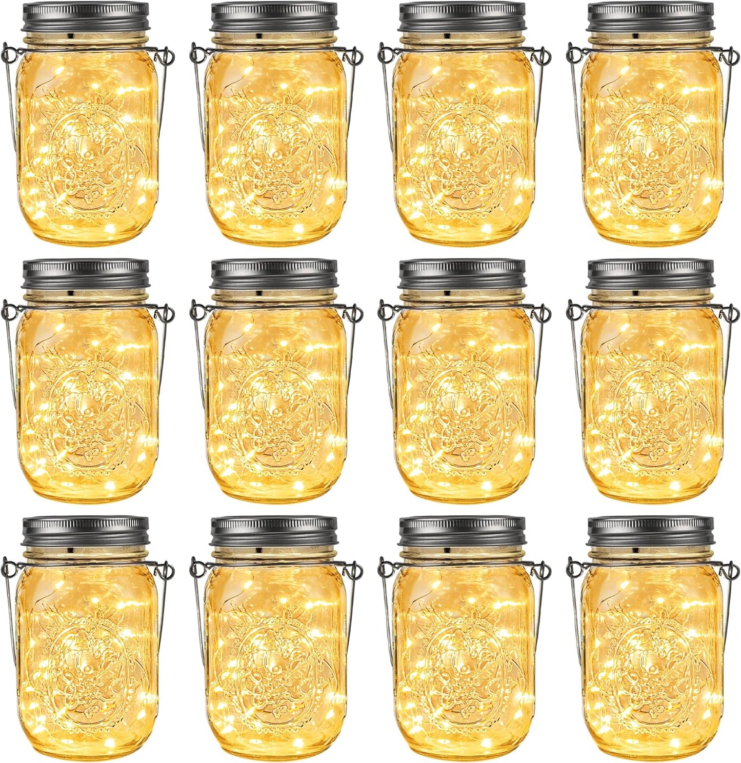 GIGALUMI Solar Mason Jar Lights, 12 Pack 30 Led String Fairy Lights Garden Lights Outdoor Waterproof Metal Lid Hanging Solar Lanterns for Outdoor, Garden, Patio, Lawn, Balcony Decoration