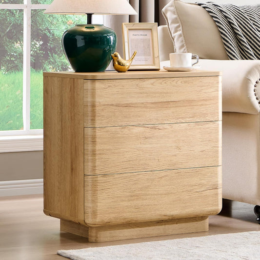 JXQTLINGMU 22" Modern Nightstand with Charging Station, Large Push-to-Open End Table, Wood Bedside Table w/Curved Profile Design, Handleless 3 Drawer Night Stand for Bedroom, Living Room, Natural Oak