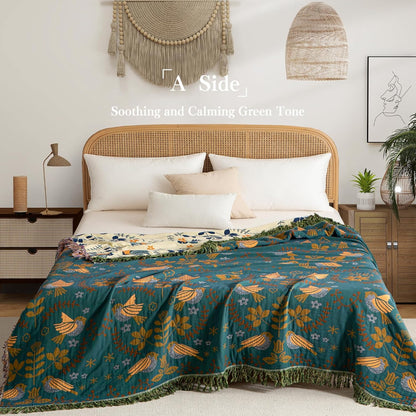 Boho Throw Blanket Queen Size, Oversized Soft Cozy Cotton Muslin Quilt Blanket for Bed Decor, Bird Patterned Couch Sofa Chair Cover, Vintage Farmhouse Cottage Woven Blanket, Green&Beige