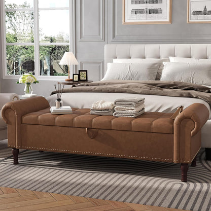 Apicizon 60”Ottoman with Storage, Queen Size End of Bed Storage Bench with Tufted Button, Upholstered Sitting Bench for Front Door Entrance,Bedroom,Dining Room, Entryway，Vintage Brown