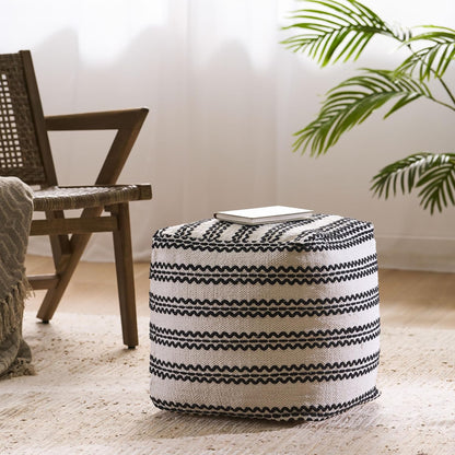 GDFStudio Boho Handmade Fabric Cube Pouf Ottoman Foot Stool - Bean Bag Floor Chair - Foot Rest Couch for Living Room Bedroom,Natural and Black,16" x 16" x 15.75"