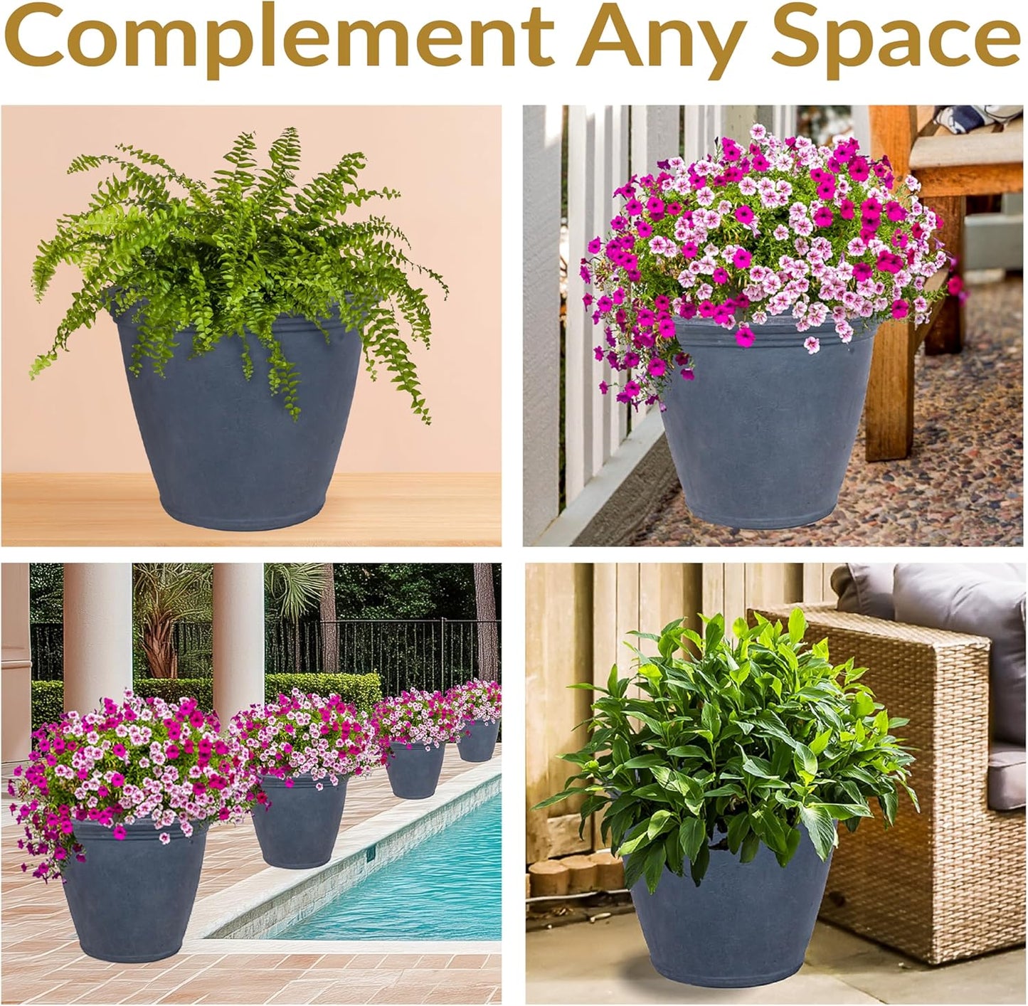 Sunnydaze 24-Inch Anjelica Large Plastic Pot for Plants - Outdoor Polyresin Round Planter with Drillable Drainage Holes - Slate - 2pk