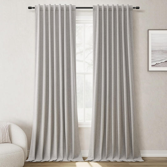 BOODII Full Blackout Curtains 90 Inches Long Room Darkening Curtain for Bedroom Sliding Door Thermal Insulated Black Out Curtains & Drapes Silver Gray Neutral Linen 2 Panels Set Back Tab 52x90