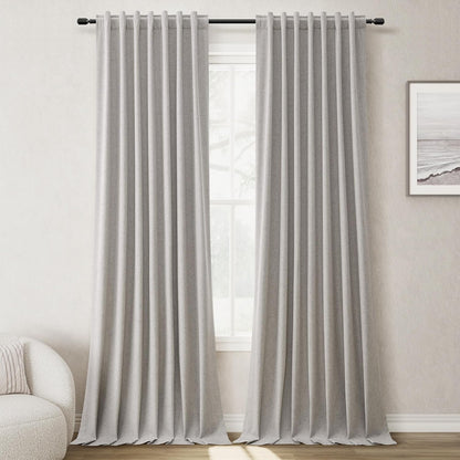 BOODII Room Darkening Curtains Silver Gray Black Out Curtains 96 Inches Long 2 Panel Set Back Tab Neutral Linen Curtain for Sliding Door Modern Farmhouse Living Room Blackout Drapes Soundproof 52x96