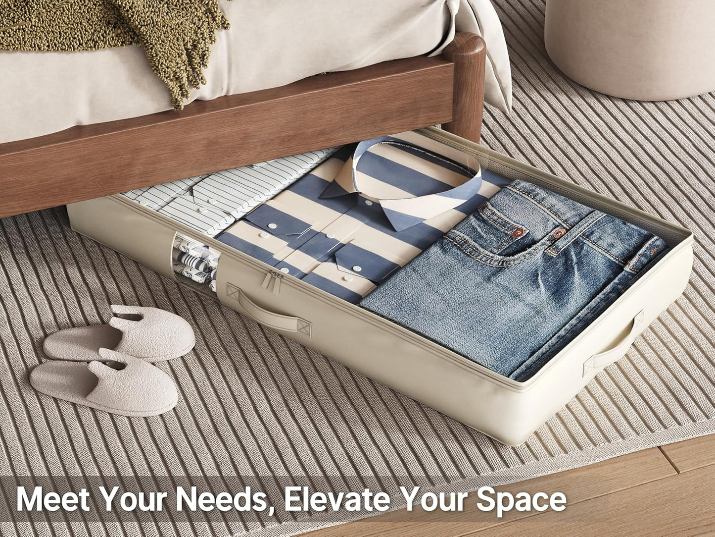 Soft-Sided Foldable Under bed Storage Bags with Window,No Rigid Frame Closet Organizers,Storage Containers for Blankets, Clothing, Comforter, Collapsible Fabric Design,4 Pack, White Ivory