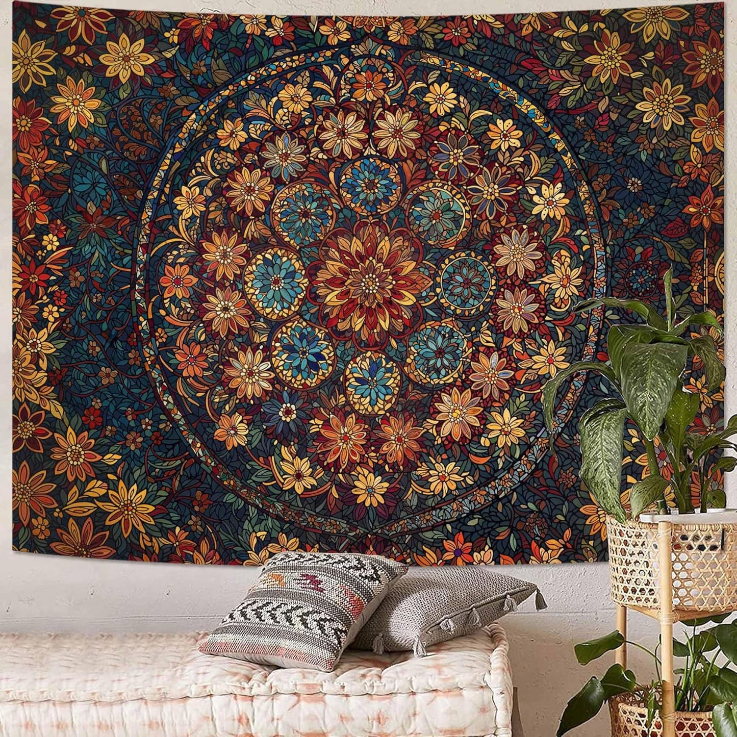 Fowocu Boho Floral Mandala Tapestry Wall Hanging Vintage Bohemian Flower Medallion Tapestry Aesthetic Orange Stained Glass Hippie Large Tapestries for Bedroom Living Room Dorm Decor 80 x 60 Inch