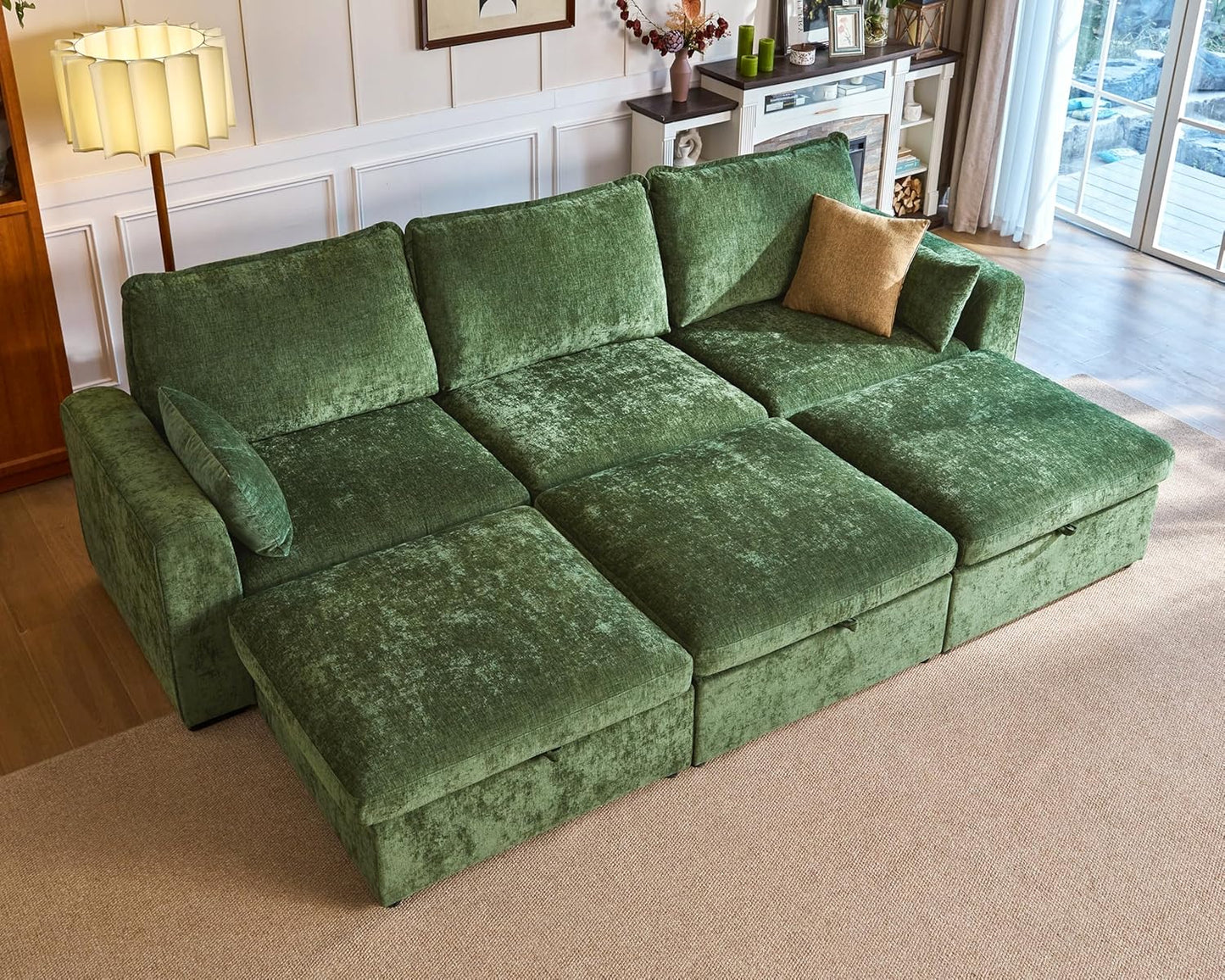 Oversized Modular Sofa Comfy Cloud Couch with Storage, Extra Deep Plush Sectional Sofa Set for Living Room, Covers Washable, Chenille, Olar (Green, 6-Seater with 3 Ottomans, Sleeper)
