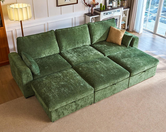 Oversized Modular Sofa Comfy Cloud Couch with Storage, Extra Deep Plush Sectional Sofa Set for Living Room, Covers Washable, Chenille, Olar (Green, 6-Seater with 3 Ottomans, Sleeper)