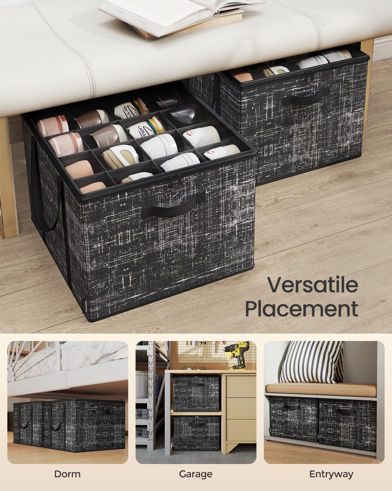 SONGMICS Shoe Organizer for Closet, Shoe Storage Box with Clear Lid, Foldable Fabric Bins, Holds 16