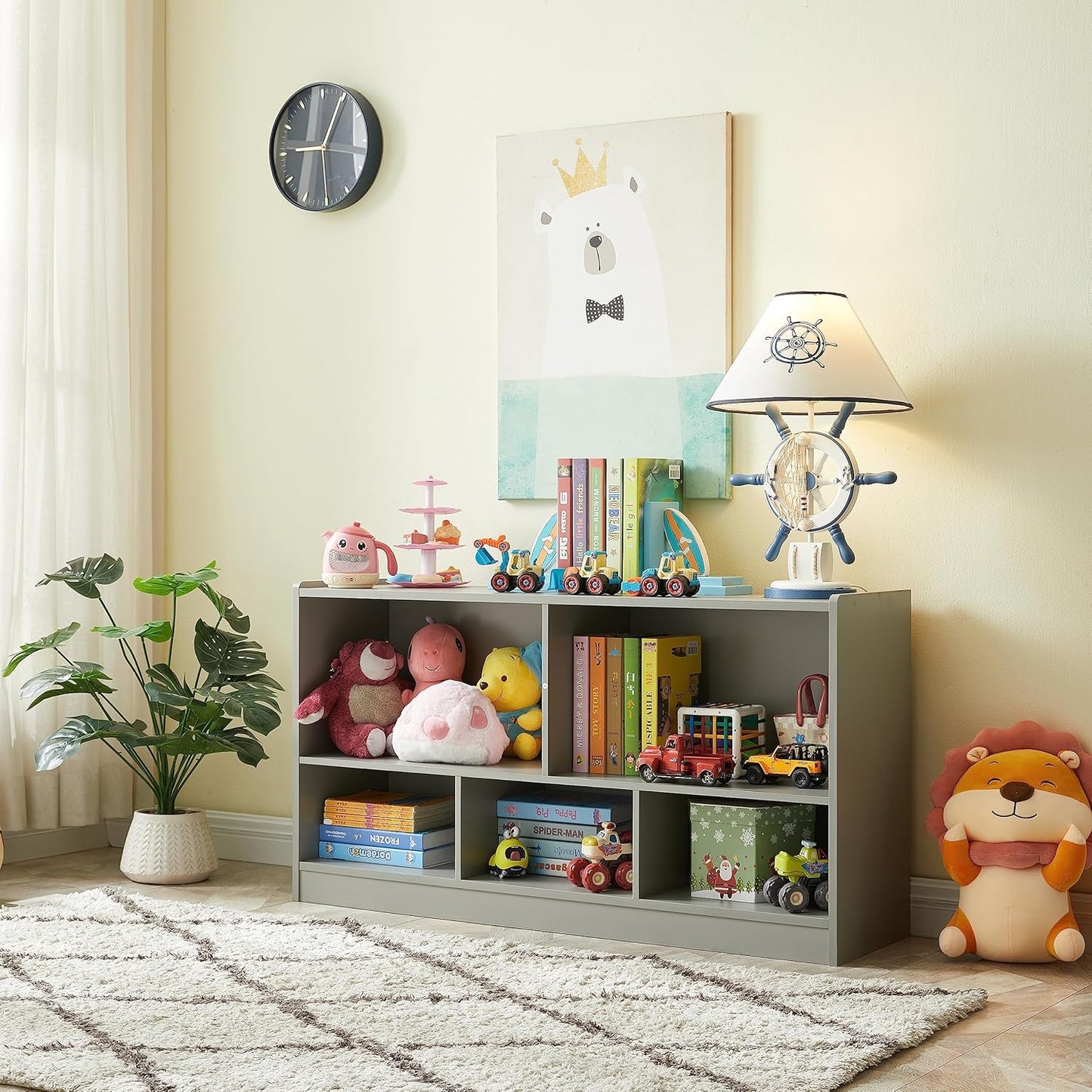 Toy Organizers and Storage, 5-Section Kids Bookshelf for Organizing Books Toys, School Classroom Wooden Storage Cabinet for Children's Room, Playroom, Nursery (Grey)