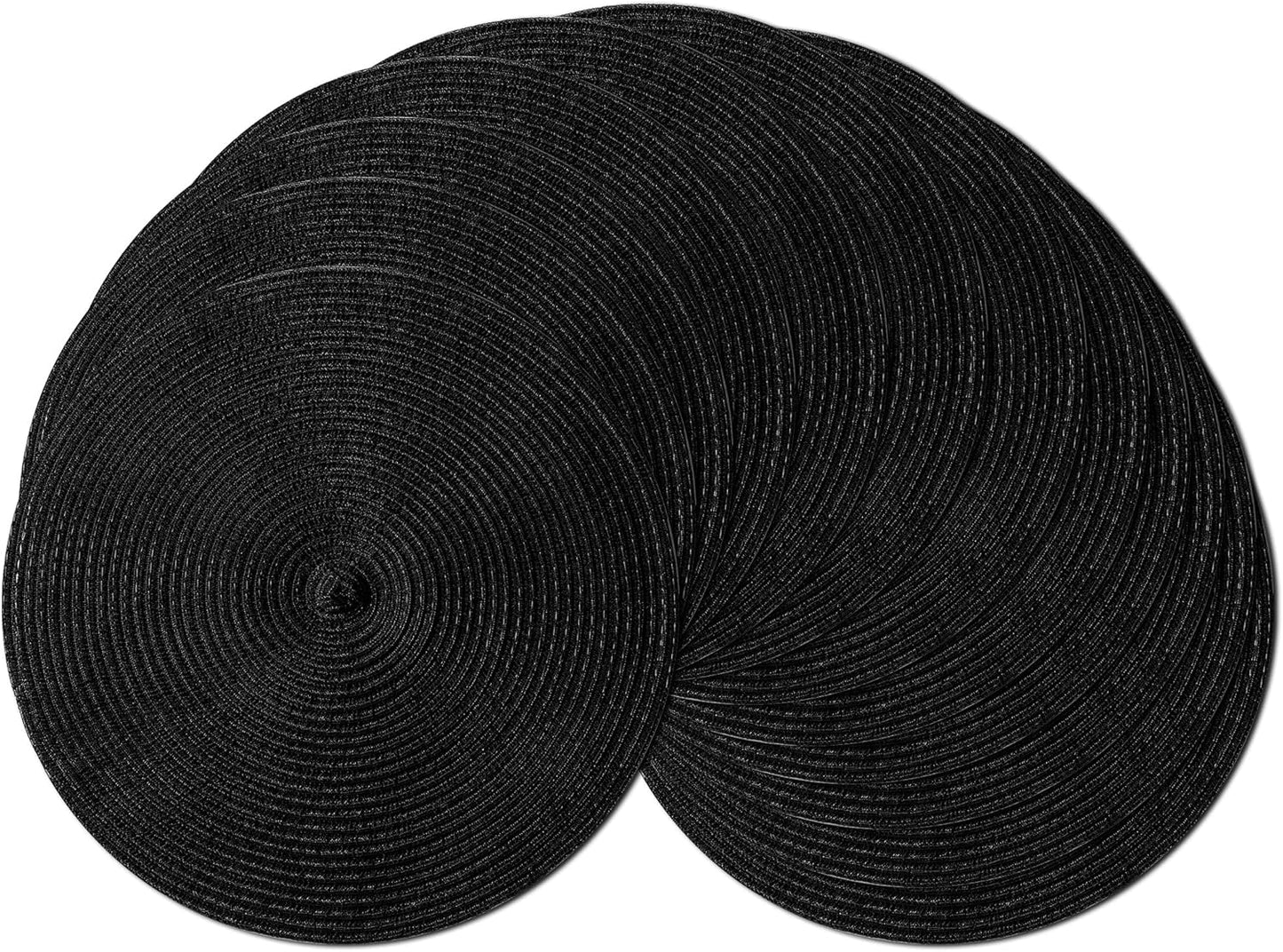 Leetaltree Round Placemats Heat and Slip Resistant Cotton Table Mats, Washable Bohemian Placemats for Dining Tables (Black, Set of 12)