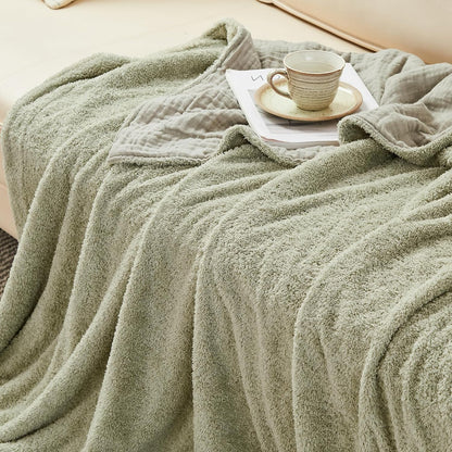 EMME Muslin and Fleece Twin Blanket Reversible - 60"*80" Sage Green Soft Warm Throw Blankets for Couch Bed Picnic Travel Bed