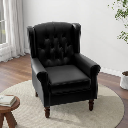 Accent Chair, Upholstered Armchair with Button Tufted High Back & Solid Wood Legs, Comfy Wingback Reading Single Sofa Chair for Small Spaces, Living Room, Bedroom (Leather Black, Set of 1)