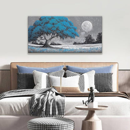 TAIJXAGSG Wall Art For Living Room Blue Tree Moon Canvas Art Wall Decor Artwork Print Painting 20" X 40" Canvas Picture For Bedroom Decor Modern Salon Kitchen Office Hang A Picture