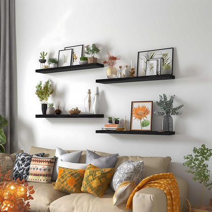 24 Inch Floating Shelves for Wall Rustic Black Wood Wall Shelves for Bedroom Set of 4