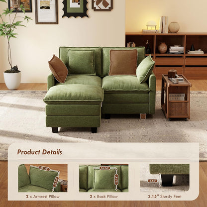 Ihanherry 57" L Shaped Modular Sectional Cloud Sofa, Modern 3 Seat Chenille Couch with Ottoman for Living Room, Bedroom and Apartment, Green