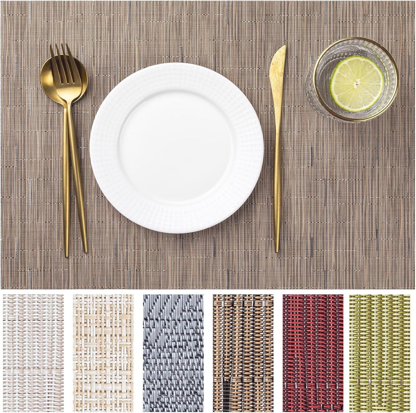 LEXMORE Placemats Set of 4 Vinyl/Plastic Woven Place Mats for Kitchen Table Indoor/Outdoor Washable Placemat Wipeable Dining Table Mats(Light Brown)