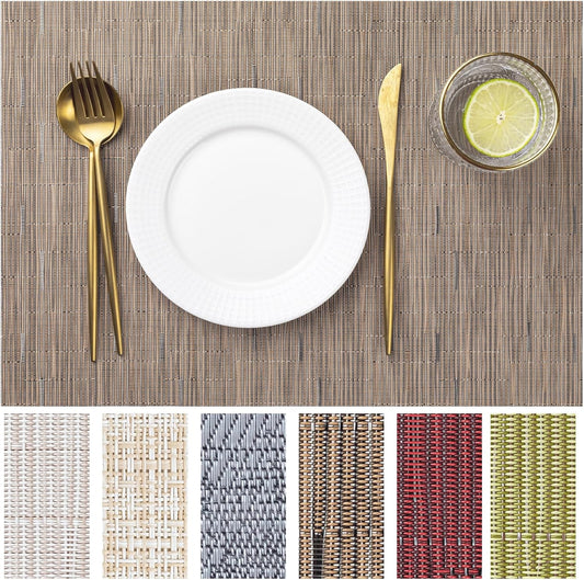 LEXMORE Placemats Set of 4 Vinyl/Plastic Woven Place Mats for Kitchen Table Indoor/Outdoor Washable Placemat Wipeable Dining Table Mats(Light Brown)