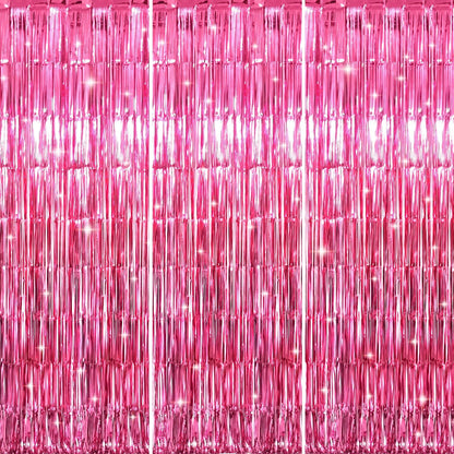 GOER 3.2 ft x 8.2 ft Metallic Tinsel Foil Fringe Curtains Party Photo Backdrop Party Streamers for Galentines Day,Birthday,Graduation,New Year Eve Decorations Wedding Decor (3 Pcs, Hot Pink)