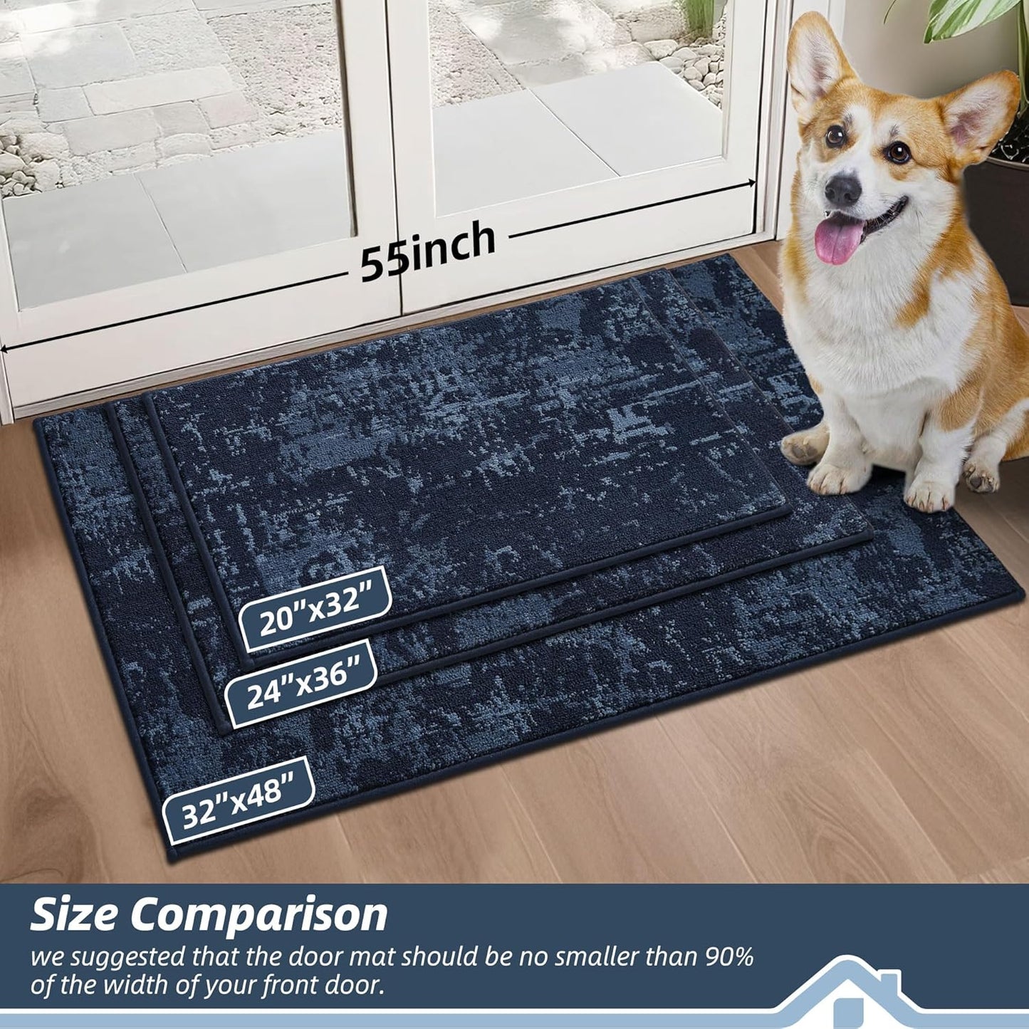 BEQHAUSE Dirt Trapper Door Mat 20"x32" Non-Slip Door Mats Washable Entryway Rugs Stain Resistant Doormat Absorbent Welcome Floor Mat for Front Back Door, Muddy Wet Shoes & Paws,Blue