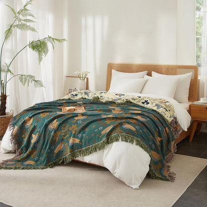 Boho Throw Blanket for Bed 90”x98”, 100% Cotton Woven Blanket for Couch Sofa, Ultra Soft 4-Layer Muslin Quilt with Bird Floral Printed, Farmhouse Bed Blanket/Cover for Living Room Decor