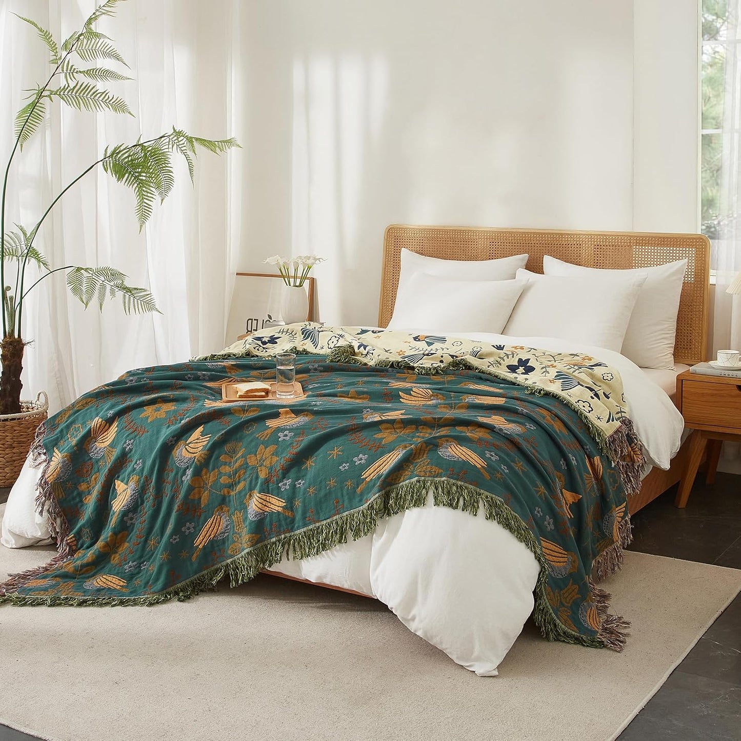 Boho Throw Blanket for Bed 80”x90”, 100% Cotton Woven Blanket for Couch Sofa, Ultra Soft 4-Layer Muslin Quilt with Bird Floral Printed, Farmhouse Bed Blanket/Cover for Living Room Decor