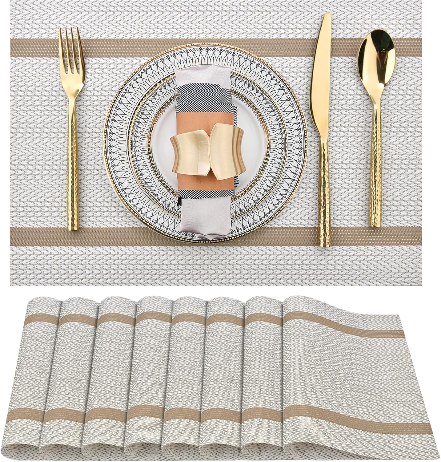 Beige White Placemats Set of 8 - Easy Clean Modern Durable Washable Vinyl Place Mats - Heat Resistant Placemats for Kitchen Table - PVC Table Mats for Dining Table (Beige White with Stripes, 8)