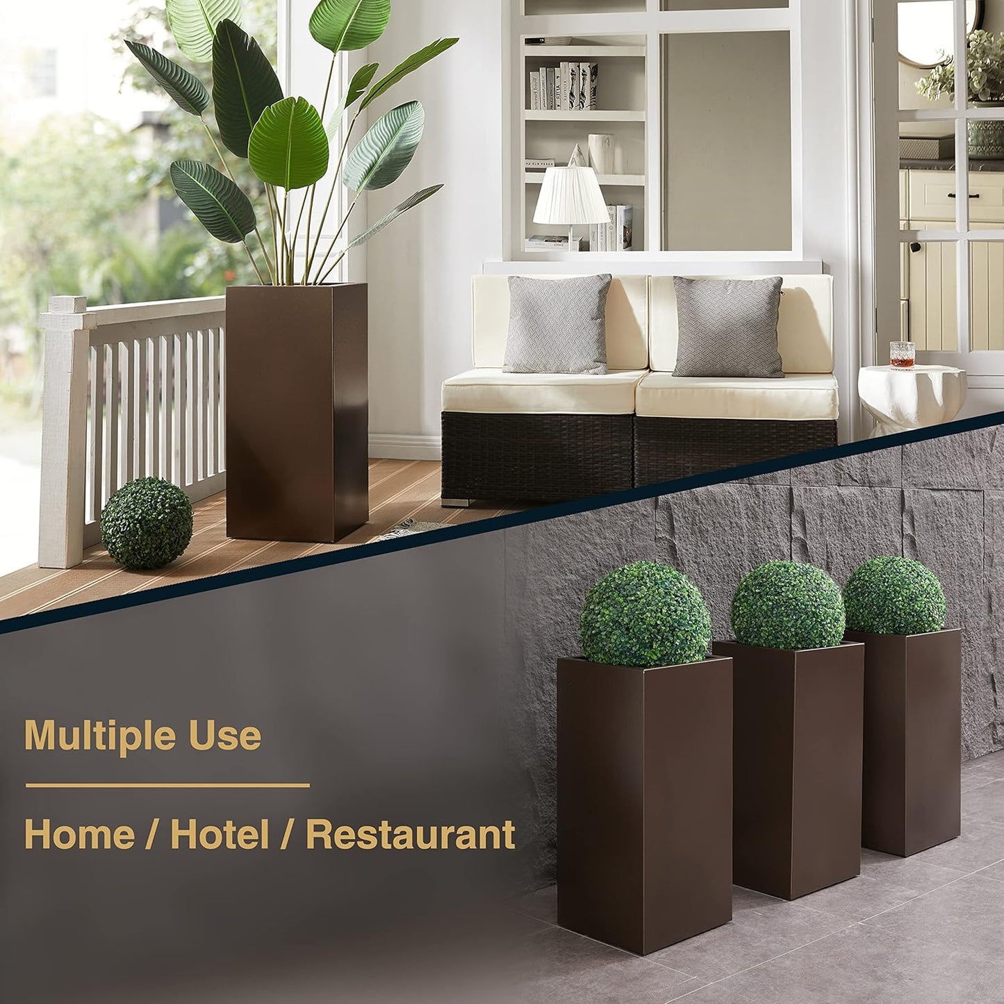 Large Planter for Outdoor Plant 14Lx14Wx30H Inches Metallic Heavy Tall Planter Box for Outdoor & Indoor, Rectangular Flowerpot 25Lbs/PC, Espresso, No Assembly and Seamless, Set of 2