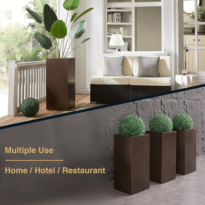 Large Planter for Outdoor Plant 14Lx14Wx30H Inches Metallic Heavy Tall Planter Box for Outdoor & Indoor, Rectangular Flowerpot 25Lbs/PC, Espresso, No Assembly and Seamless, Set of 2