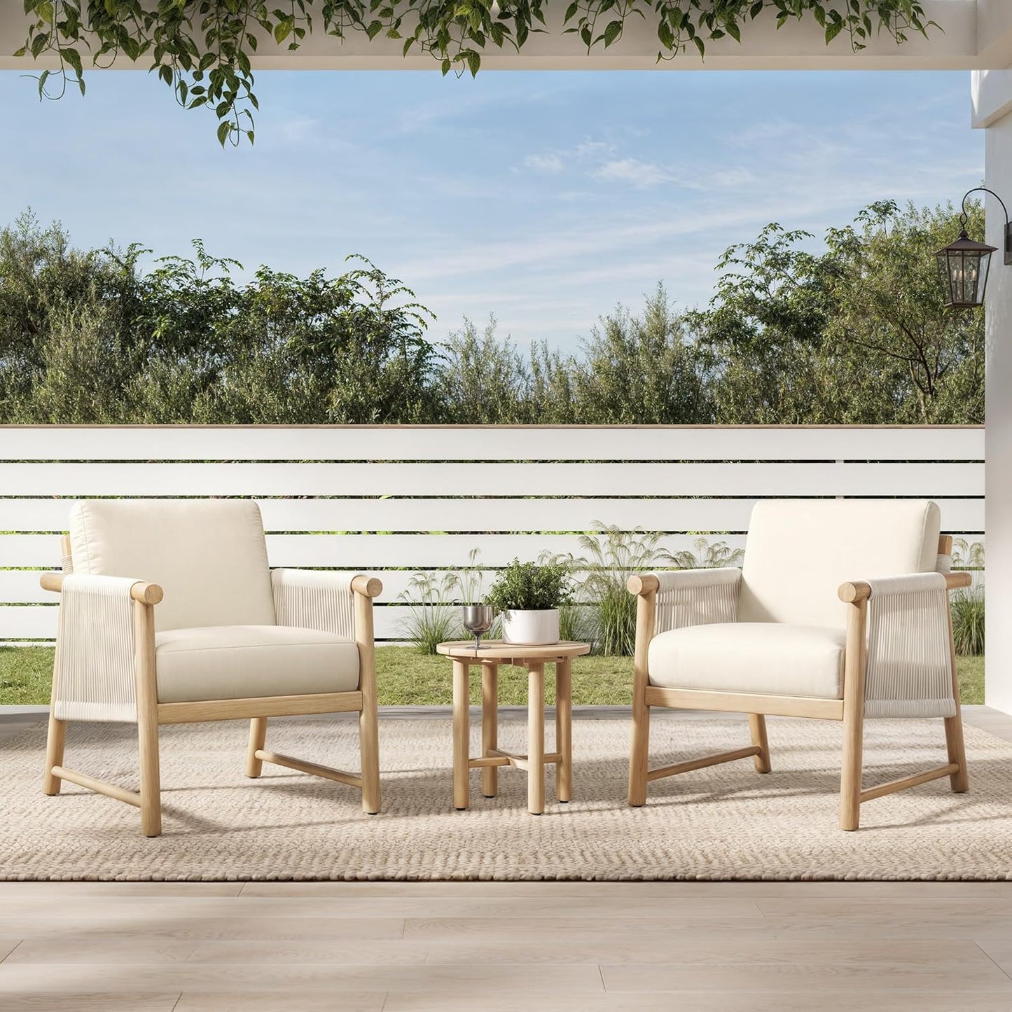 CHITA 3 Pieces Boho Patio Rattan Bistro Set, Outdoor Wicker Chairs & Side Table Set with Acacia Wood Frame(Cream)