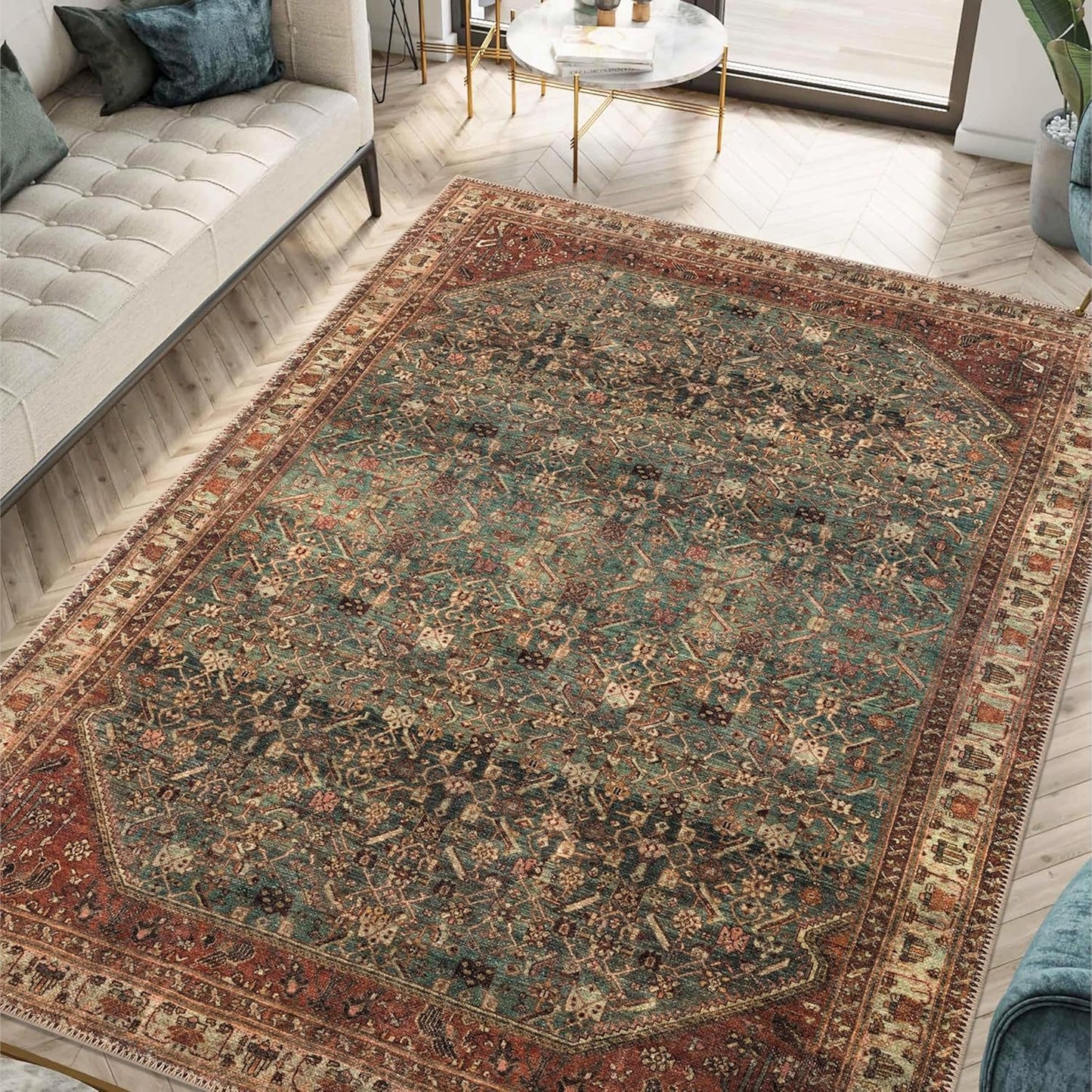 Keen Home Design 6x9 Rug - Machine Washable Area Rug with Non-Slip Backing, Ideal for Living Room, Dining Room, Bedroom - Vintage, Easy Clean, Durable, Low Pile Rug - (6' x 9')