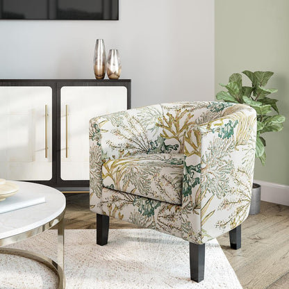 BELLEZE Living Room Chair, Linen Round Accent Barrel Chair, Club Tub Sofa Chair for Bedroom, Corner Chair with Flared Legs and Cozy Soft Padding - Highland (Green Coral)