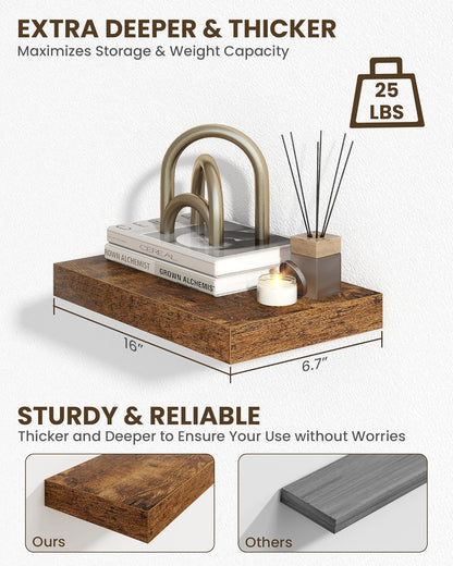 Marsmiles 16" Floating Shelves for Wall, Wooden Shelves with Invisible Brackets Set of 2, Rustic Farmhouse Wall Mounted Shelf for Kitchen Bathroom Living Room Study, Rustic Brown
