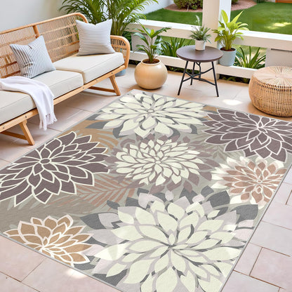 Indoor Outdoor Area Rug Washable Multicolored Patio Rug Tropical Botanical Modern Floral Indoor Outdoor Carpet Brown White Rug Non Slip Non Shedding for Patio, Deck, Backyard, Porch (5x8)