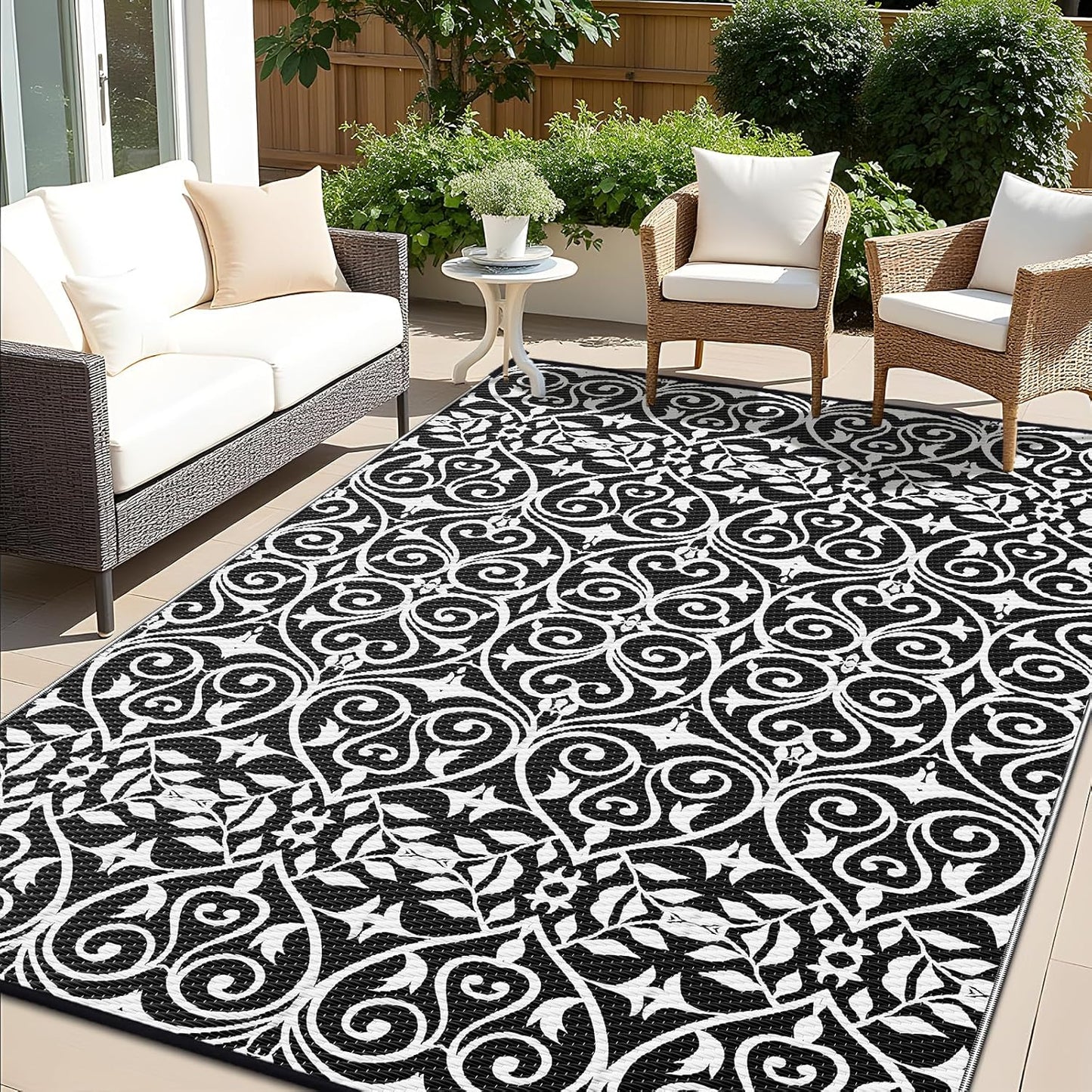 OLANLY Outdoor Rug Waterproof 8x10 ft Clearance, Reversible Outdoor Plastic Straw Rug with Floral Pattern, RV Mat for Patio, Camping, Balcony, Deck, Backyard, Black & White