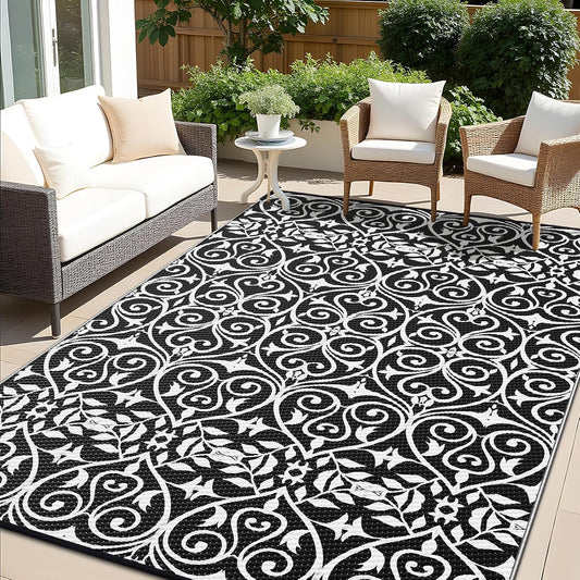 OLANLY Outdoor Rug Waterproof 8x10 ft Clearance, Reversible Outdoor Plastic Straw Rug with Floral Pattern, RV Mat for Patio, Camping, Balcony, Deck, Backyard, Black & White