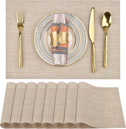 Placemats Set of 8 - Easy Clean Washable Vinyl Placemats - Wipeable Heat Resistant Table Mats for Dining Table - 17.7x11.8 Inch (8, Beige)