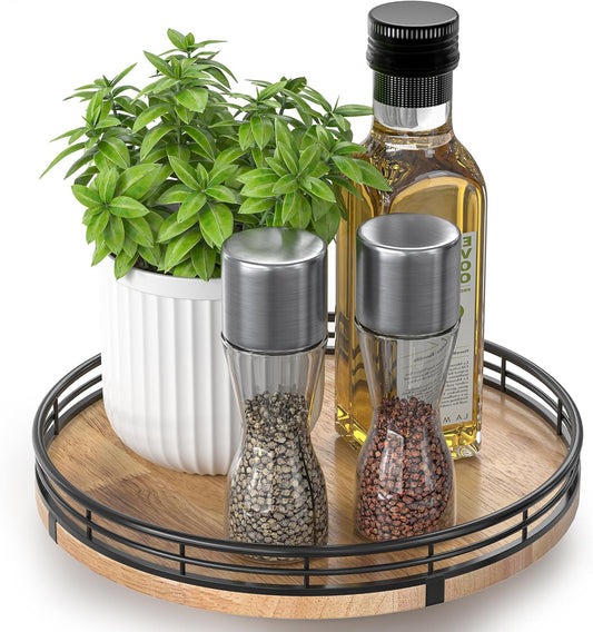 9" Oak Wood Lazy Susan Turntable Organizer for Cabinet, Round Wooden Farmhouse Lazy Susan Organization and Storage for Dining Table, Pantry, Kitchen, Countertop, Cupboard,Home Decor