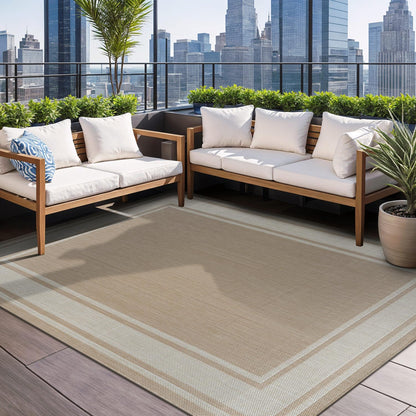 Beverly Rug Large Outdoor Rug 10x14 Modern Bordered Area Rugs for Indoor and Outdoor Patio Deck Porch Garden Waterproof Weather Sun Resistant Washable Outside Carpet (10 x 14 Beige)