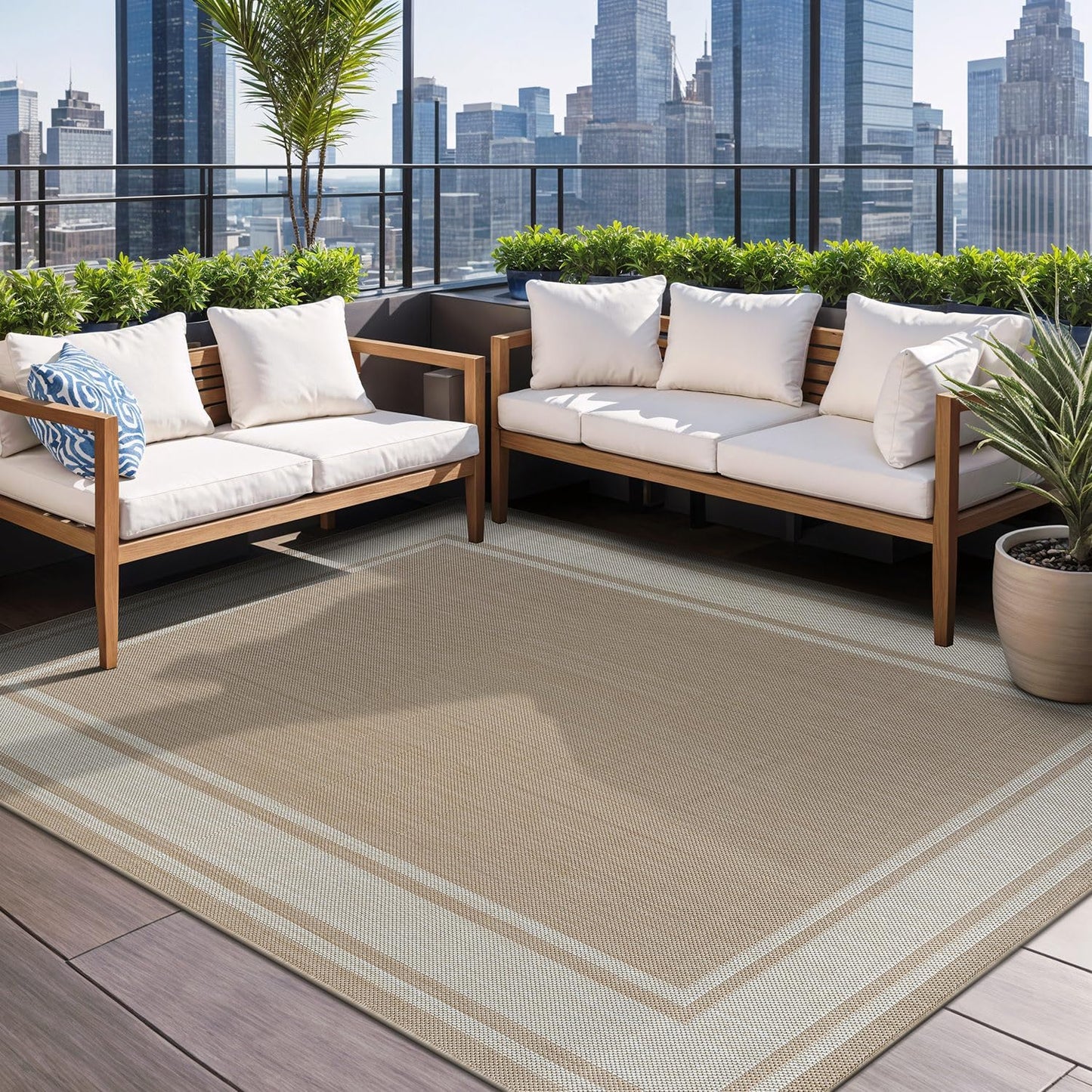 Beverly Rug Large Outdoor Rug 9x12 Modern Bordered Area Rugs for Indoor and Outdoor Patio Deck Porch Garden Waterproof Weather Sun Resistant Washable Outside Carpet (9 x 12 Beige)